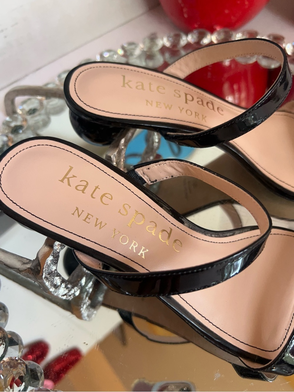 kate spade Black Patent Leather Two-Strap Slide Heels size 7 B - Picture 4 of 15